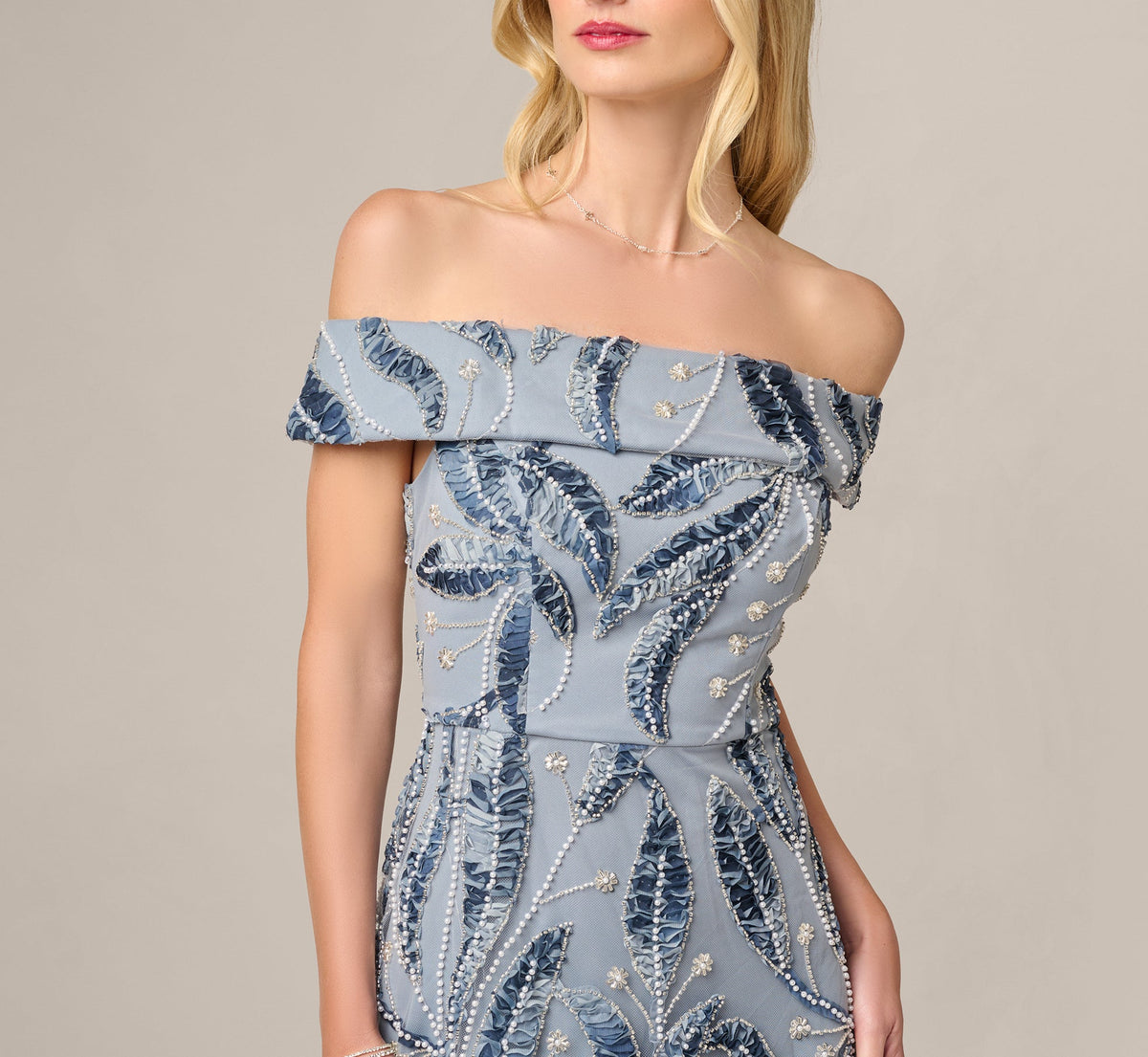 Off Shoulder Beaded Leaf Soutache Ankle Length Dress - Blue Multi | Adrianna Papell