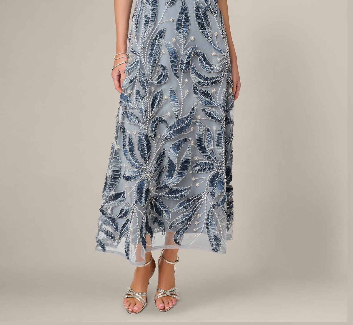Off Shoulder Beaded Leaf Soutache Ankle Length Dress - Blue Multi | Adrianna Papell