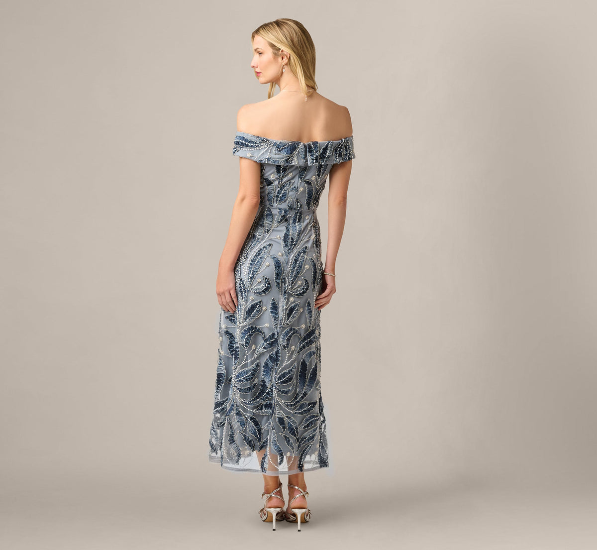 Off Shoulder Beaded Leaf Soutache Ankle Length Dress - Blue Multi | Adrianna Papell