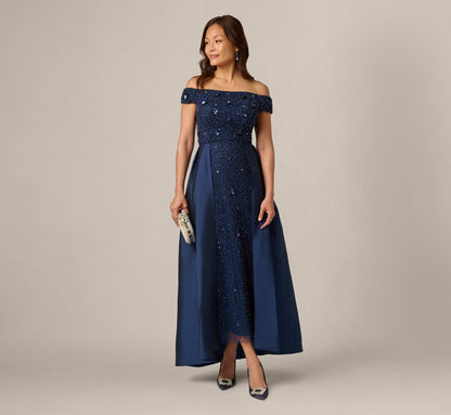 Off Shoulder Taffeta Overlay Beaded Gown - Light Navy | Adrianna Papell