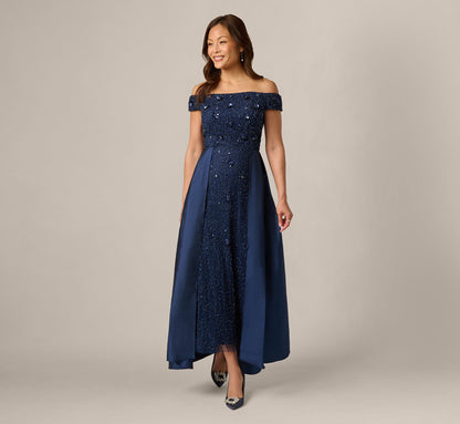 Off Shoulder Taffeta Overlay Beaded Gown - Light Navy | Adrianna Papell