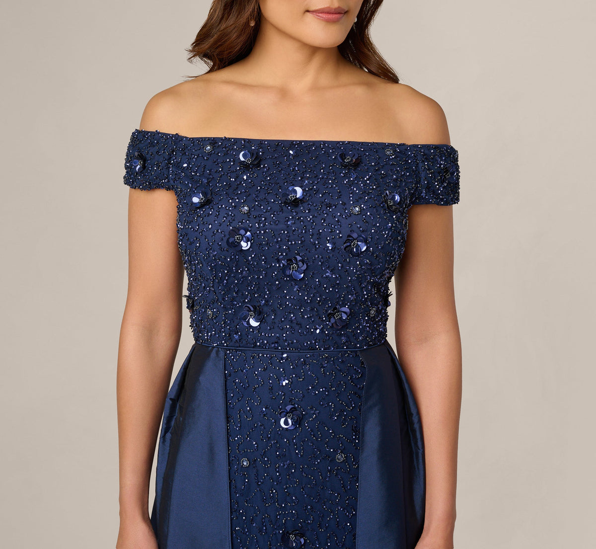 Off Shoulder Taffeta Overlay Beaded Gown - Light Navy | Adrianna Papell