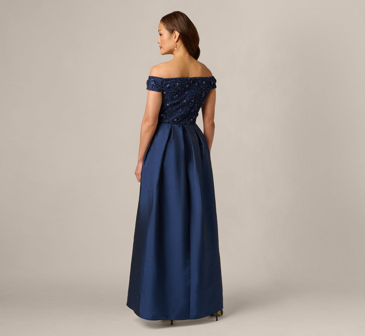 Off Shoulder Taffeta Overlay Beaded Gown - Light Navy | Adrianna Papell