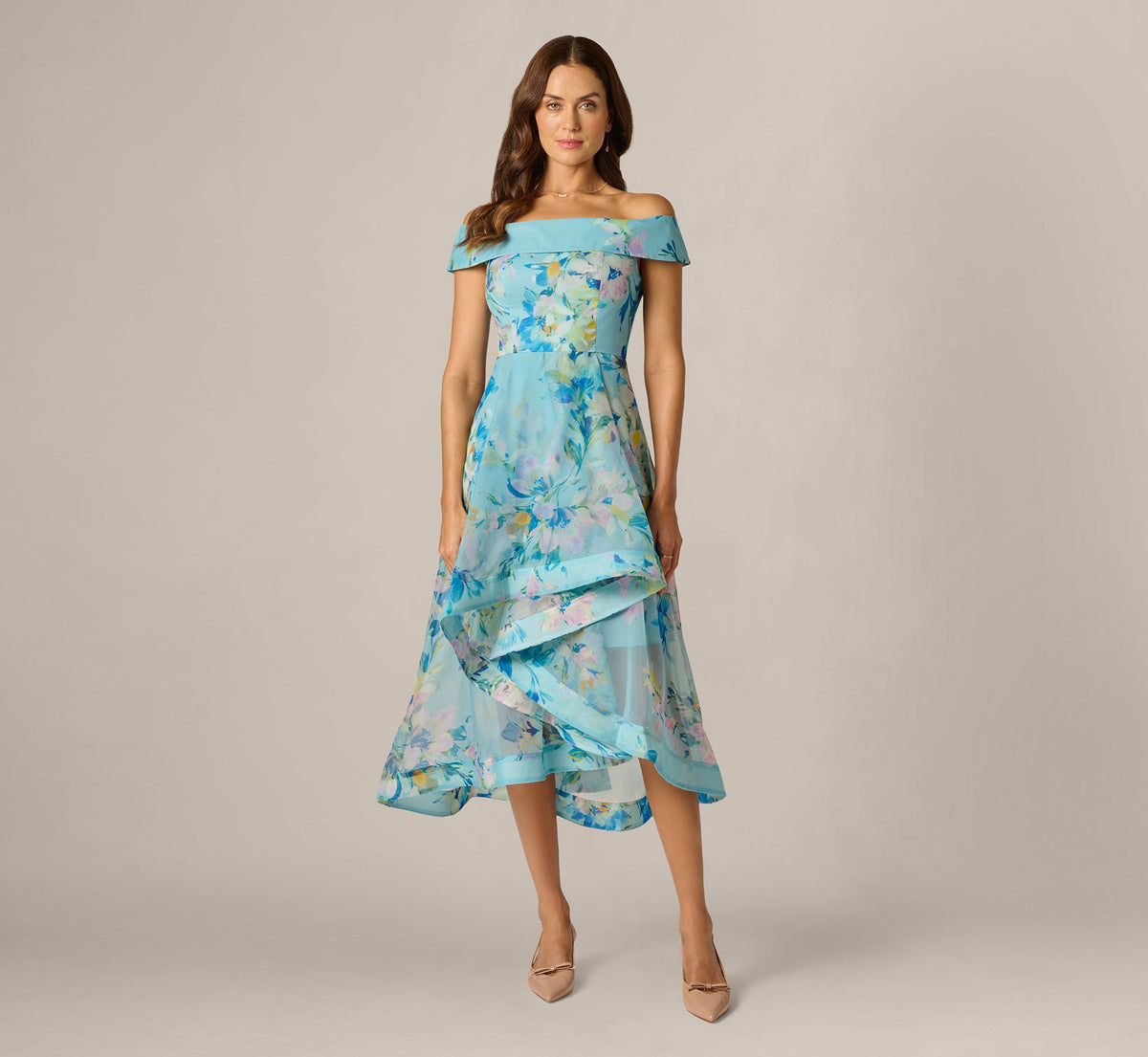 Off Shoulder Floral Organza High Low Midi Dress - Blue Multi | Adrianna Papell