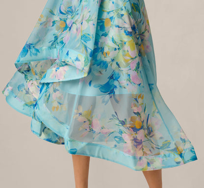 Off Shoulder Floral Organza High Low Midi Dress - Blue Multi | Adrianna Papell