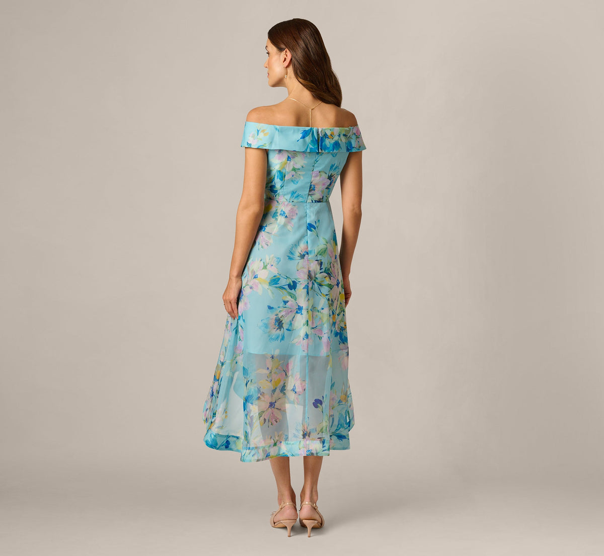 Off Shoulder Floral Organza High Low Midi Dress - Blue Multi | Adrianna Papell