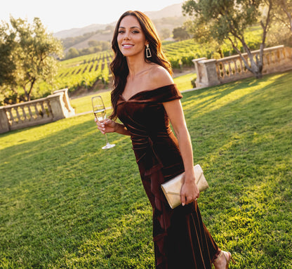 Off The Shoulder Velvet Mermaid Gown With Organza Ruffle - Dark Brown | Adrianna Papell