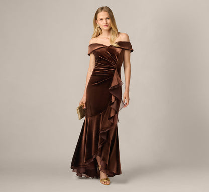 Off The Shoulder Velvet Mermaid Gown With Organza Ruffle - Dark Brown | Adrianna Papell