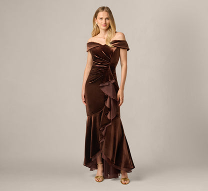 Off The Shoulder Velvet Mermaid Gown With Organza Ruffle - Dark Brown | Adrianna Papell