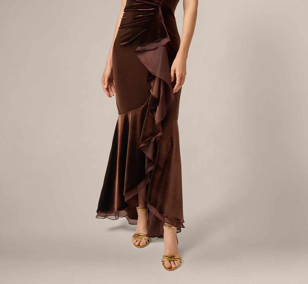 Off The Shoulder Velvet Mermaid Gown With Organza Ruffle - Dark Brown | Adrianna Papell