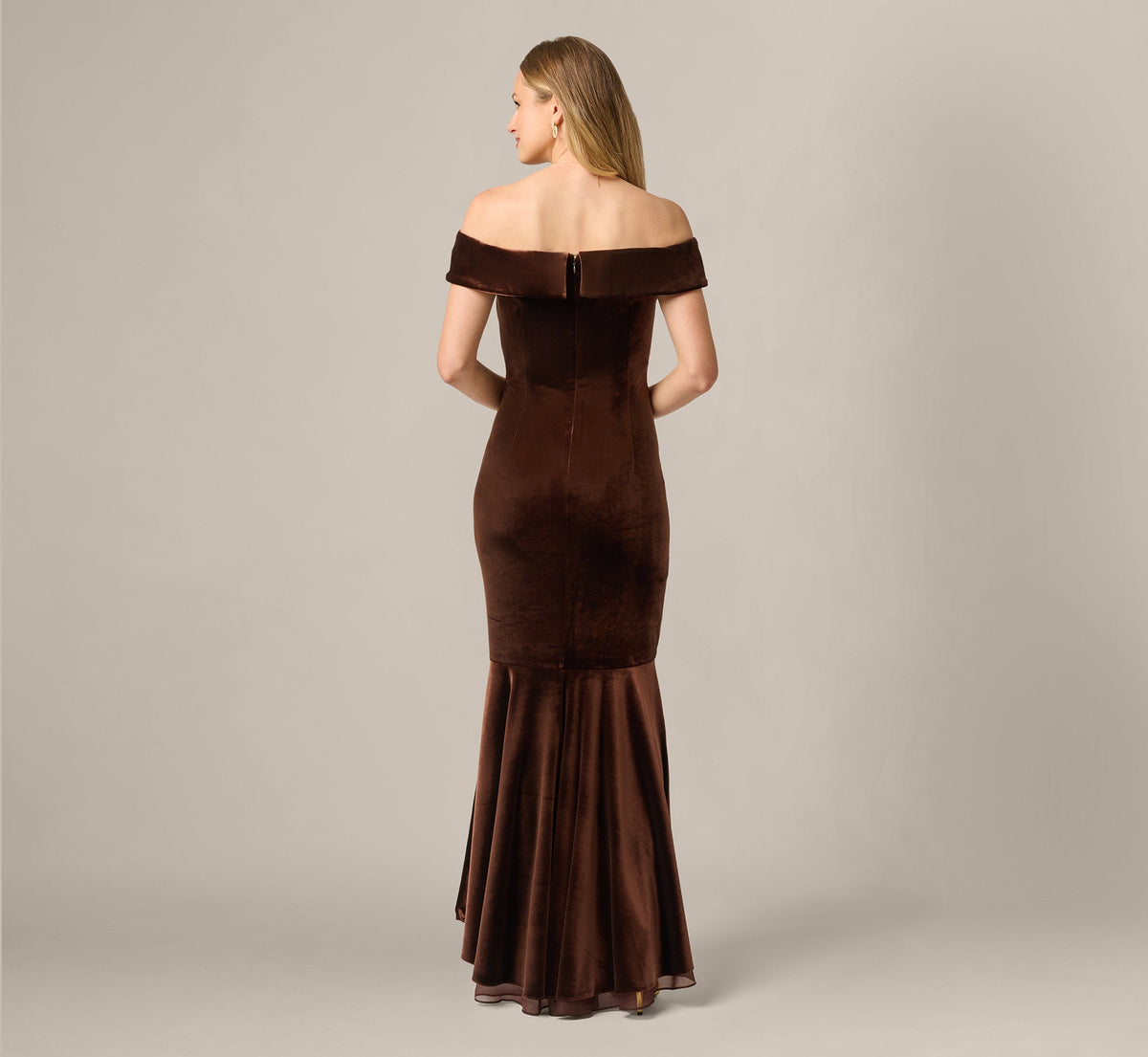 Off The Shoulder Velvet Mermaid Gown With Organza Ruffle - Dark Brown | Adrianna Papell
