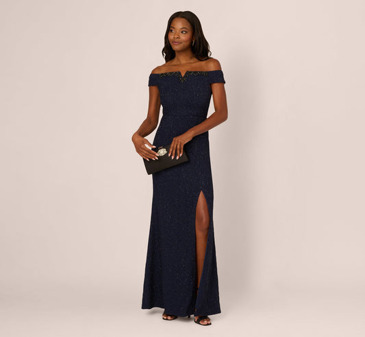 Beaded Off Shoulder Glitter Tweed Gown - Navy | Adrianna Papell