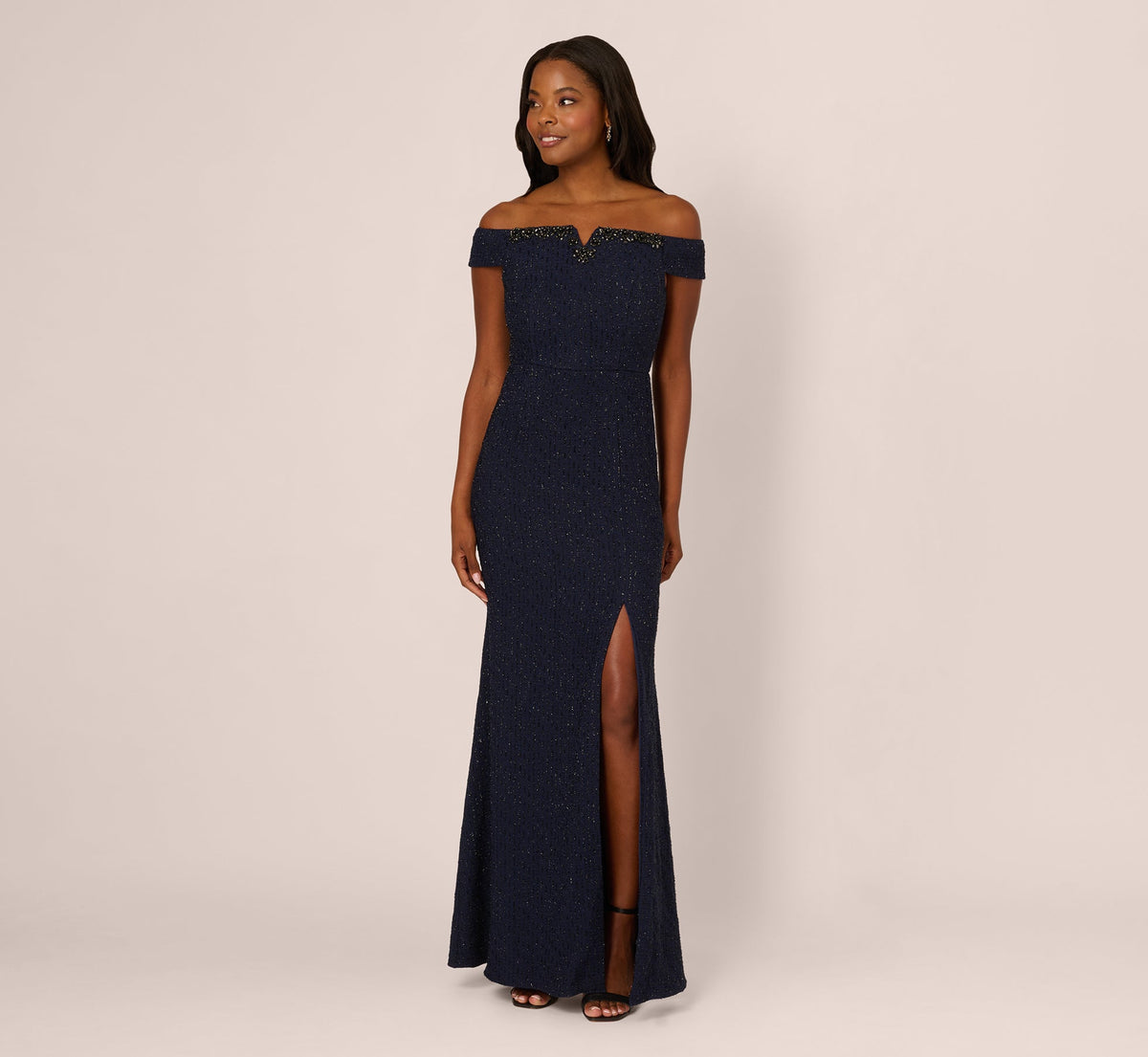 Beaded Off Shoulder Glitter Tweed Gown - Navy | Adrianna Papell