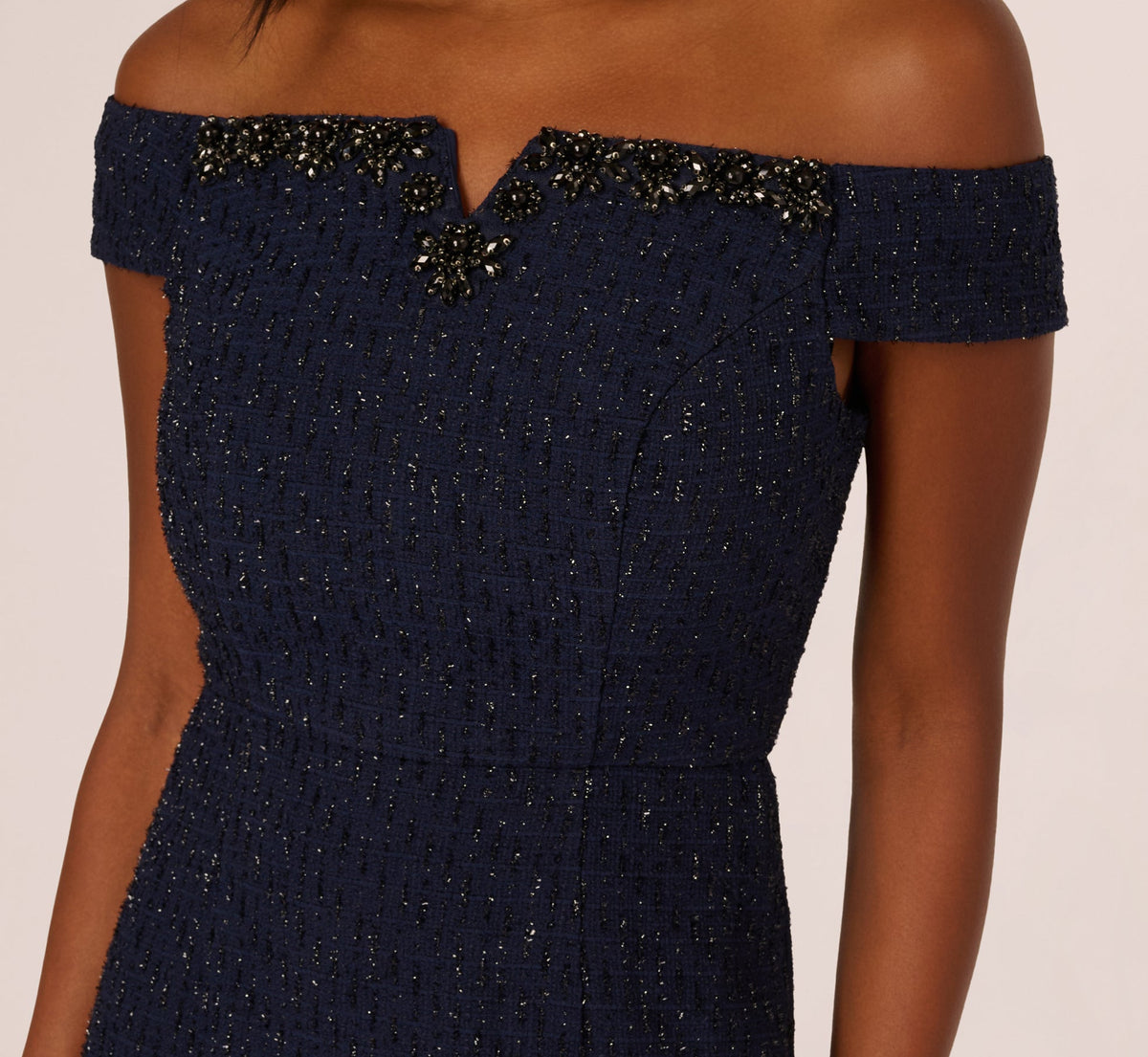 Beaded Off Shoulder Glitter Tweed Gown - Navy | Adrianna Papell