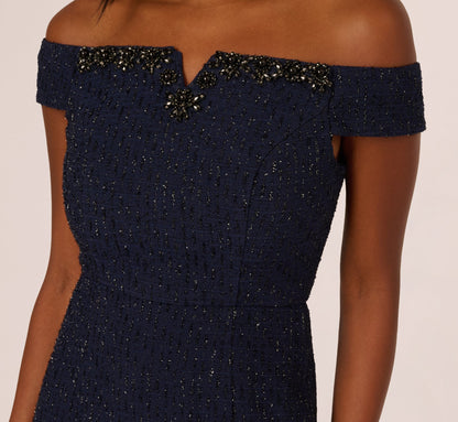 Beaded Off Shoulder Glitter Tweed Gown - Navy | Adrianna Papell
