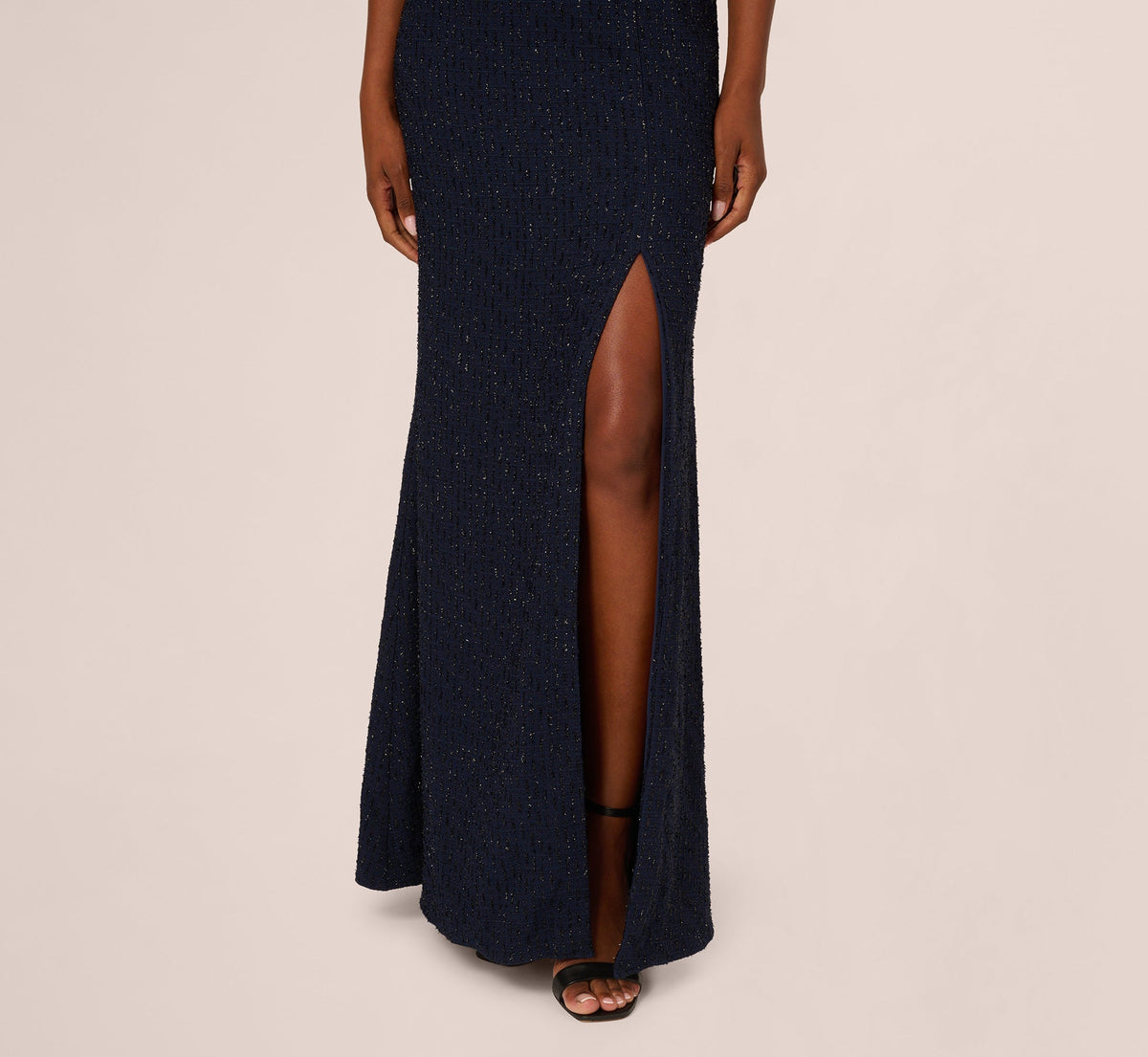Beaded Off Shoulder Glitter Tweed Gown - Navy | Adrianna Papell
