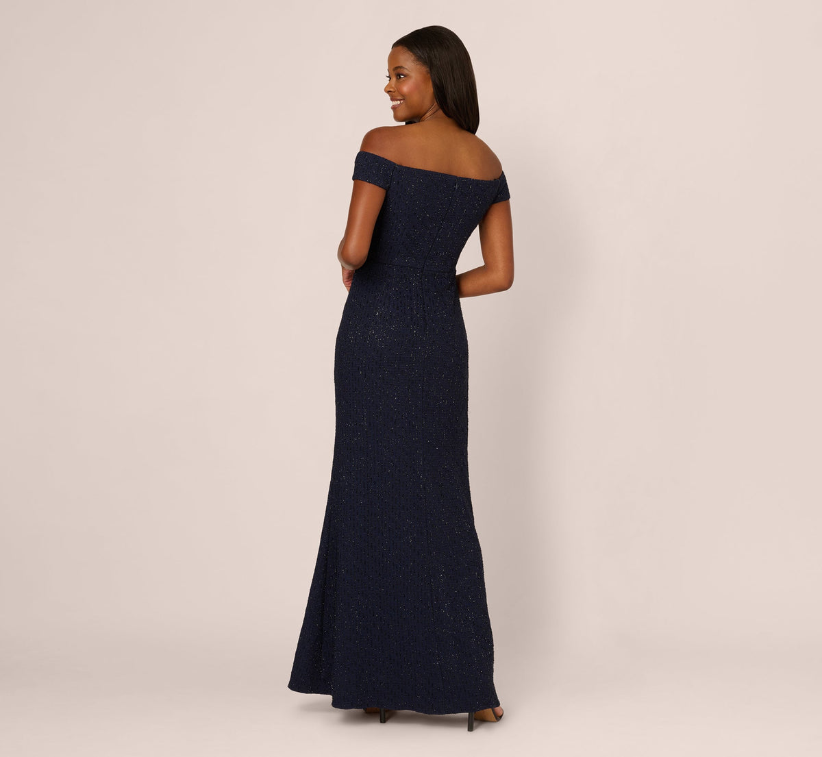 Beaded Off Shoulder Glitter Tweed Gown - Navy | Adrianna Papell