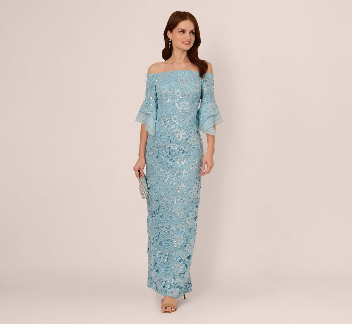 Off Shoulder Bell Sleeve Sequin Lace Gown - Airy Aqua | Adrianna Papell