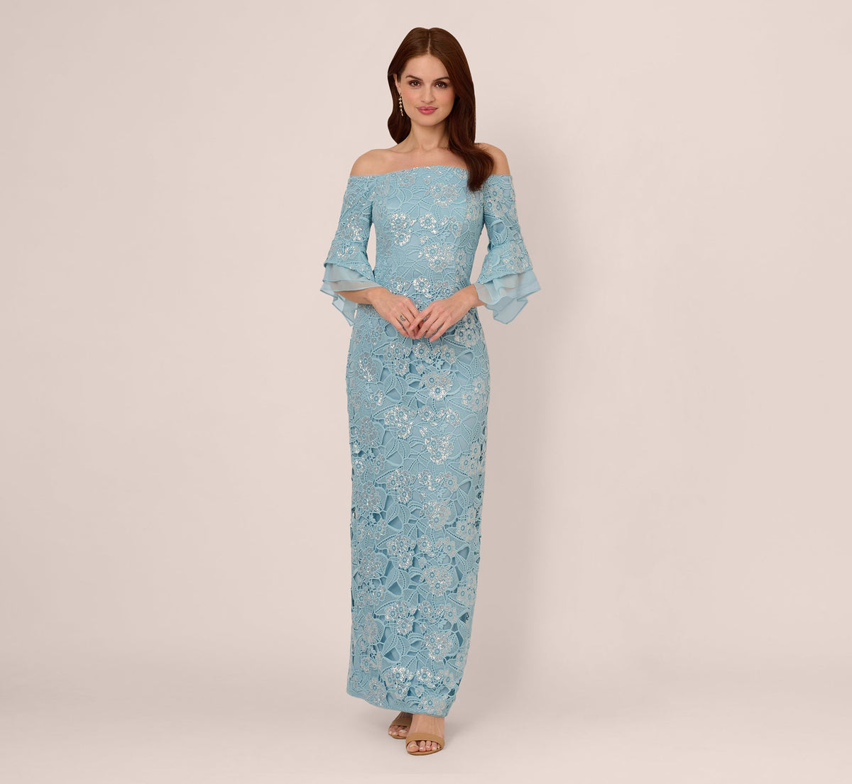 Off Shoulder Bell Sleeve Sequin Lace Gown - Airy Aqua | Adrianna Papell