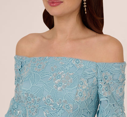 Off Shoulder Bell Sleeve Sequin Lace Gown - Airy Aqua | Adrianna Papell