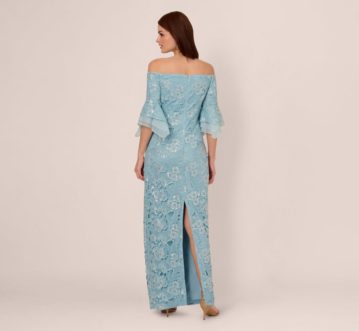 Off Shoulder Bell Sleeve Sequin Lace Gown - Airy Aqua | Adrianna Papell