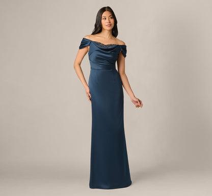 Off Shoulder Beaded Sweetheart Satin Gown - Dark Navy | Adrianna Papell