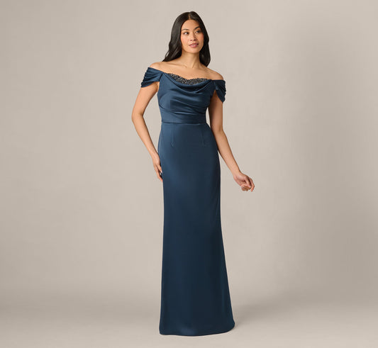 Off Shoulder Beaded Sweetheart Satin Gown - Dark Navy | Adrianna Papell