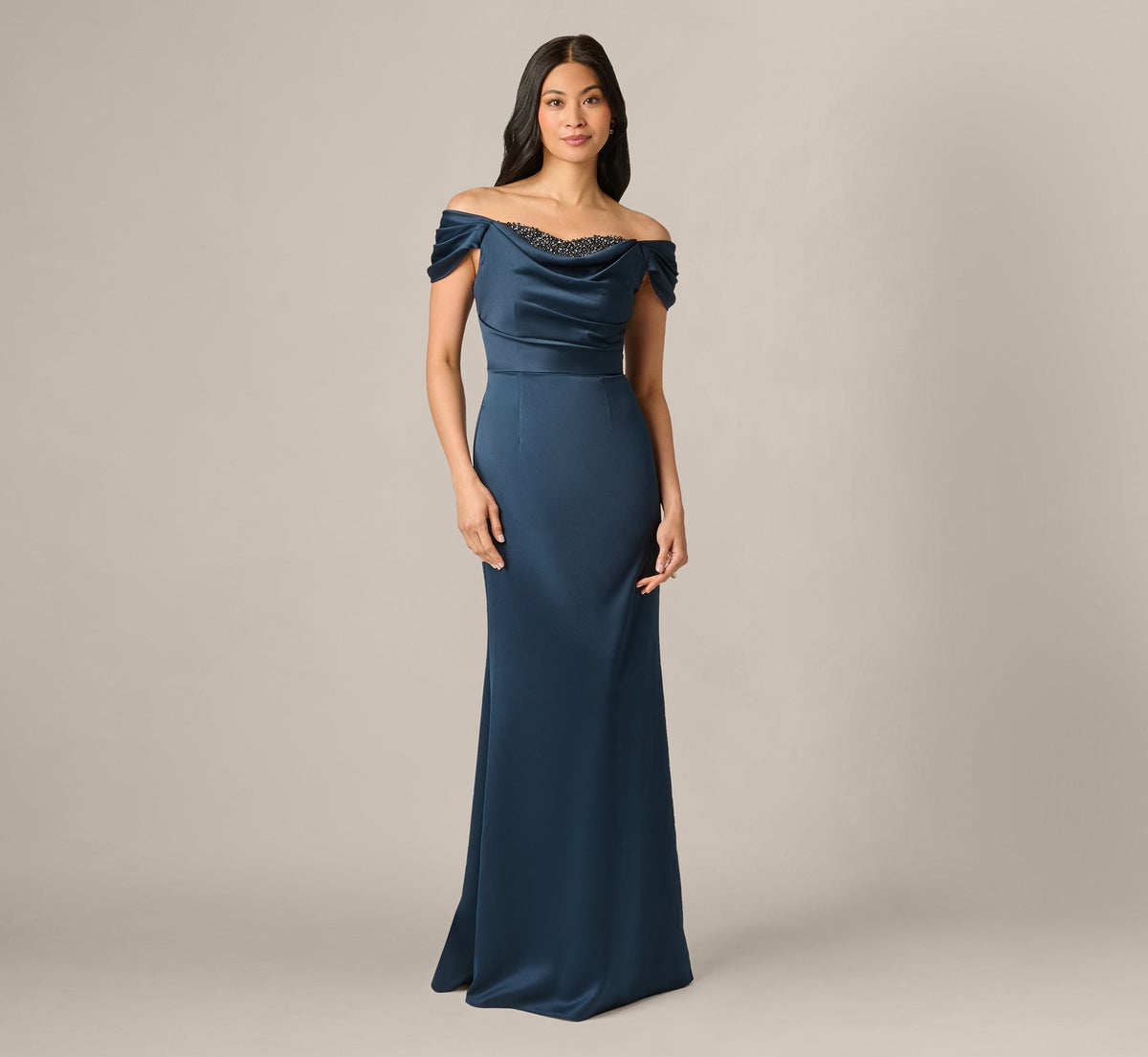 Off Shoulder Beaded Sweetheart Satin Gown - Dark Navy | Adrianna Papell