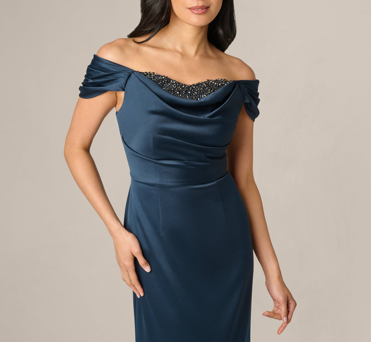 Off Shoulder Beaded Sweetheart Satin Gown - Dark Navy | Adrianna Papell