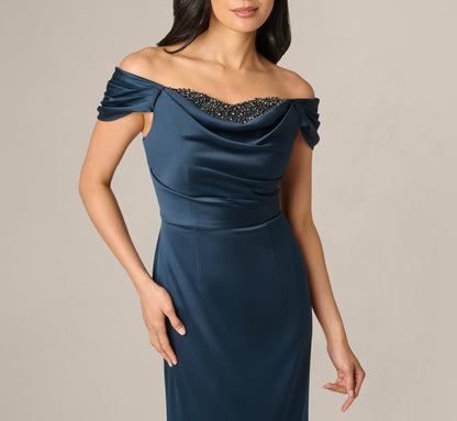 Off Shoulder Beaded Sweetheart Satin Gown - Dark Navy | Adrianna Papell