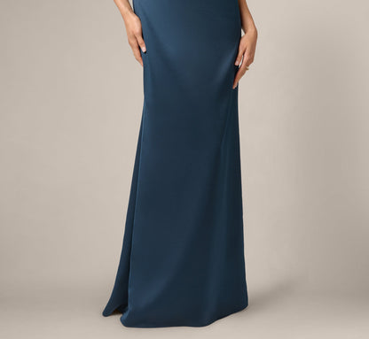 Off Shoulder Beaded Sweetheart Satin Gown - Dark Navy | Adrianna Papell