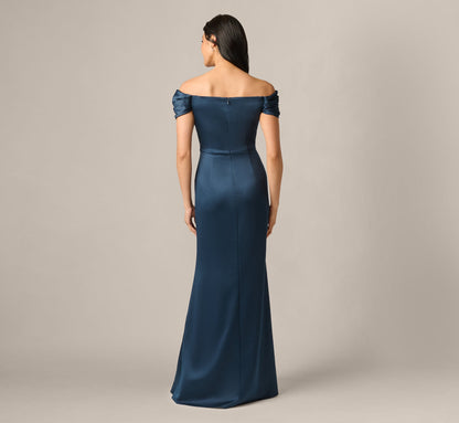 Off Shoulder Beaded Sweetheart Satin Gown - Dark Navy | Adrianna Papell