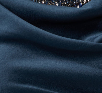 Off Shoulder Beaded Sweetheart Satin Gown - Dark Navy | Adrianna Papell