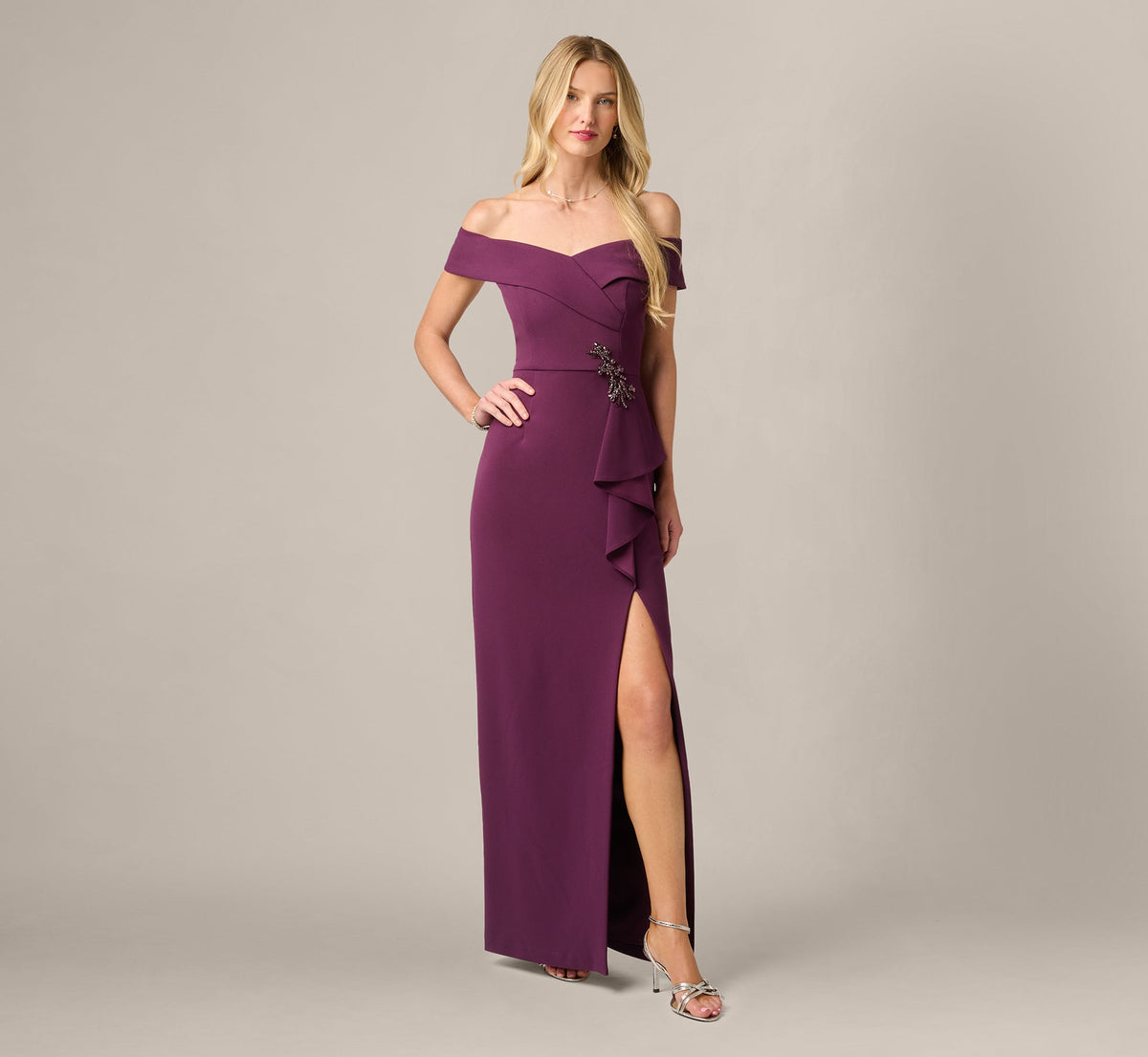 Off Shoulder Beaded Drape Stretch Formal Gown - Pinot Noir | Adrianna Papell