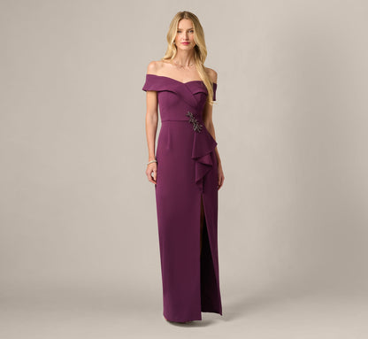 Off Shoulder Beaded Drape Stretch Formal Gown - Pinot Noir | Adrianna Papell