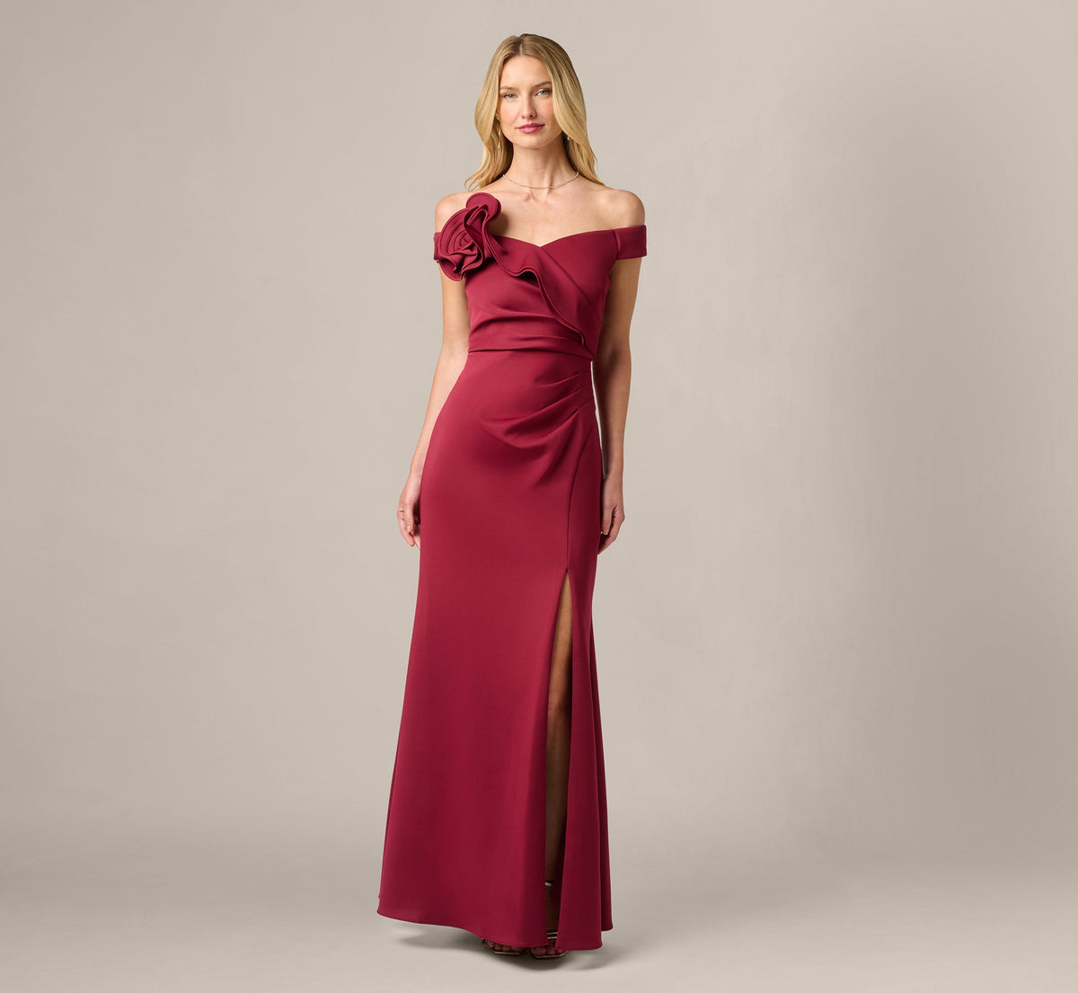 Off Shoulder Rosette Stretch Mermaid Gown - Crimson Haze | Adrianna Papell