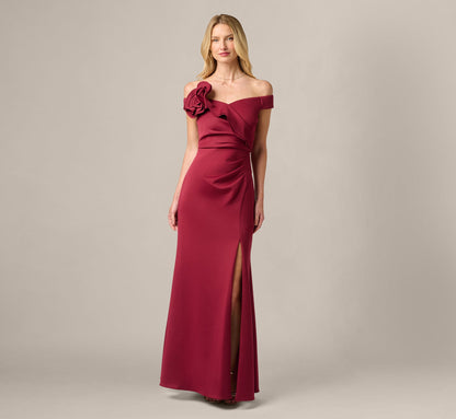 Off Shoulder Rosette Stretch Mermaid Gown - Crimson Haze | Adrianna Papell