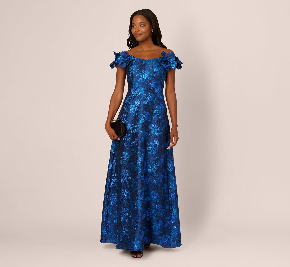Off Shoulder Floral Jacquard A Line Gown - Navy Blue Multi | Adrianna Papell