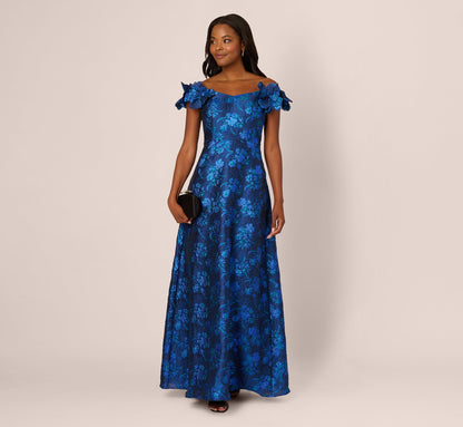 Off Shoulder Floral Jacquard A Line Gown - Navy Blue Multi | Adrianna Papell