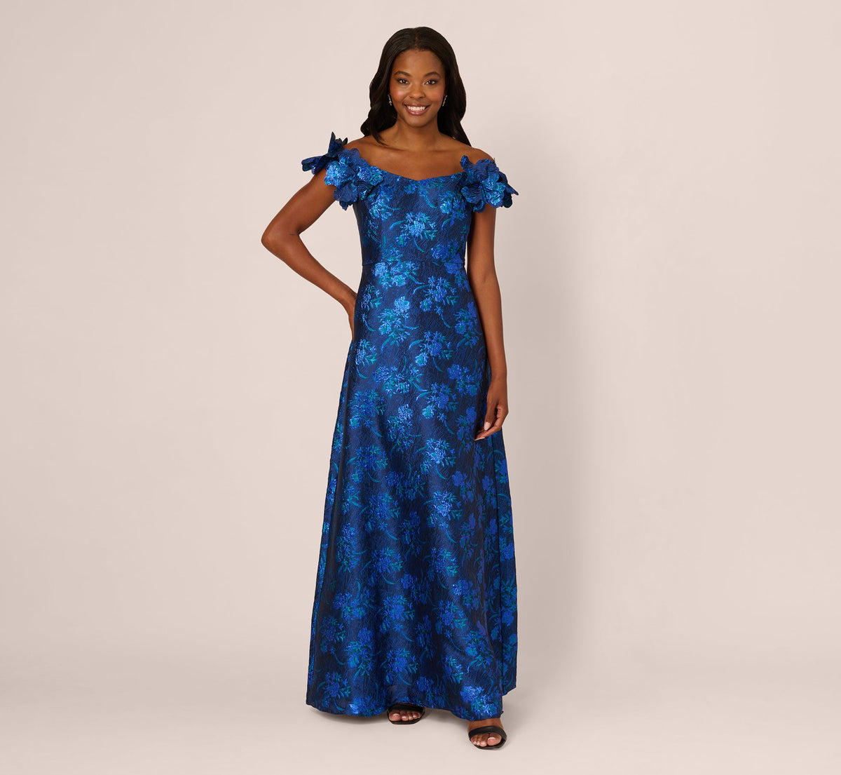Off Shoulder Floral Jacquard A Line Gown - Navy Blue Multi | Adrianna Papell