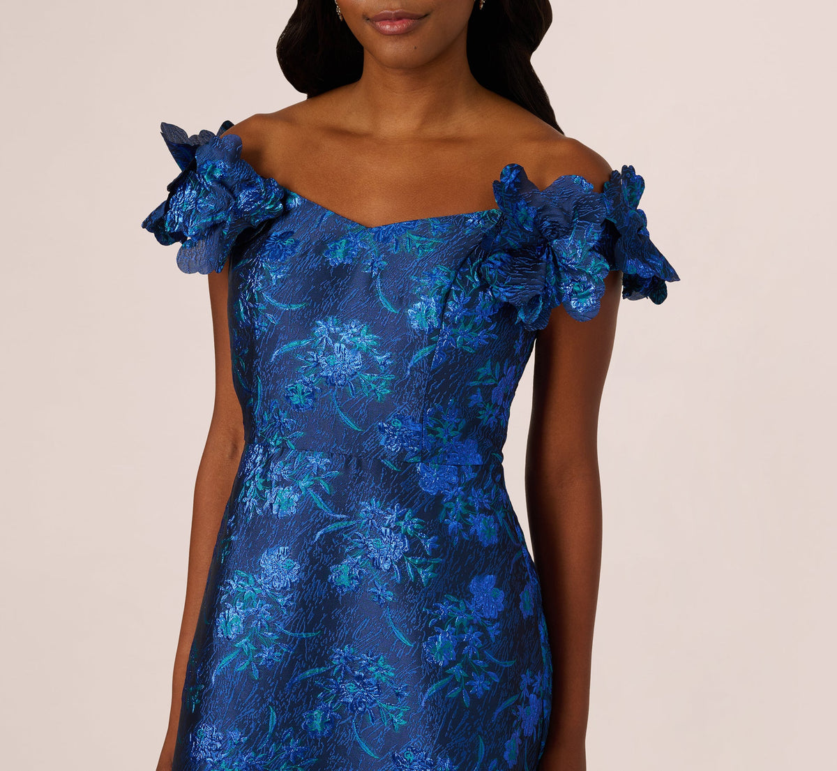 Off Shoulder Floral Jacquard A Line Gown - Navy Blue Multi | Adrianna Papell
