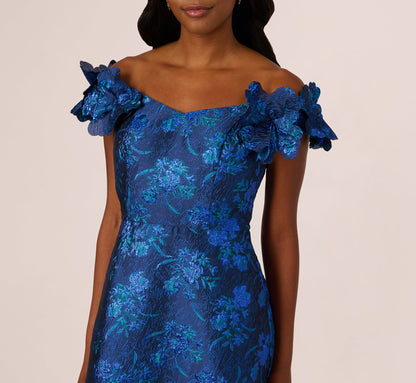 Off Shoulder Floral Jacquard A Line Gown - Navy Blue Multi | Adrianna Papell