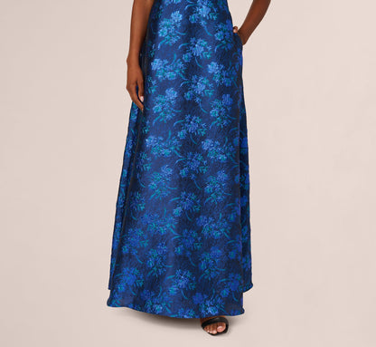Off Shoulder Floral Jacquard A Line Gown - Navy Blue Multi | Adrianna Papell