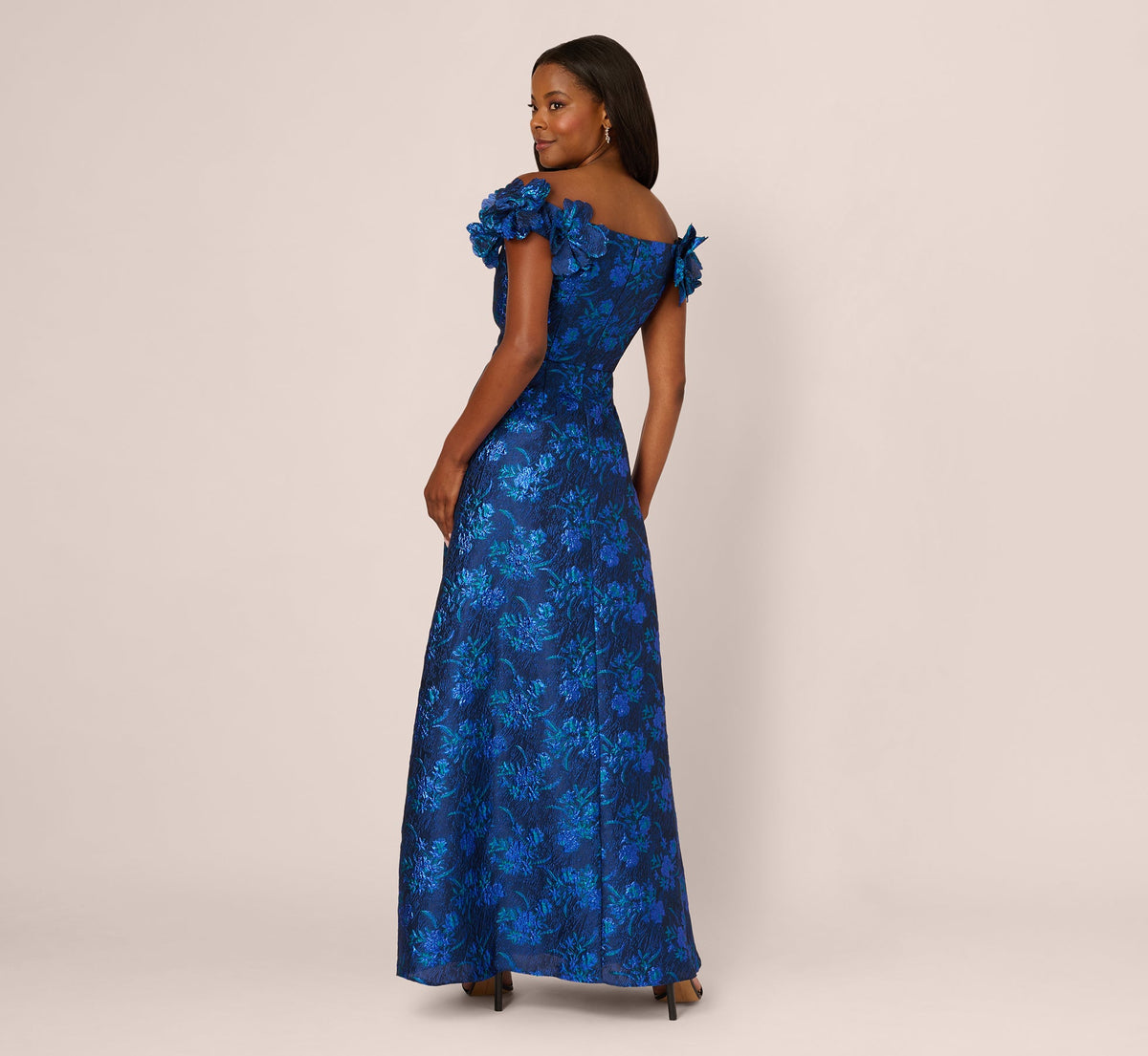 Off Shoulder Floral Jacquard A Line Gown - Navy Blue Multi | Adrianna Papell