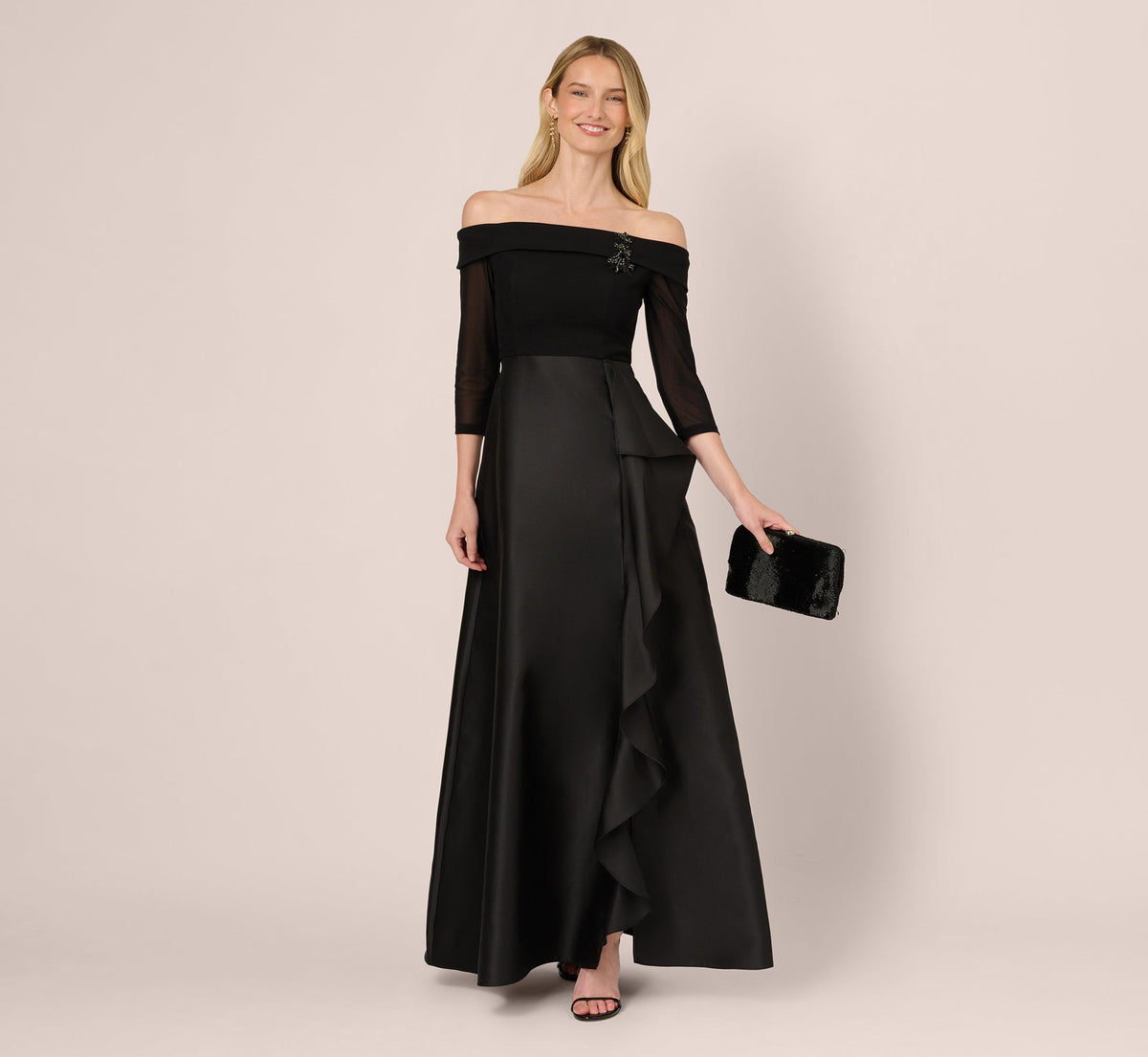 Off Shoulder Draped Mikado Combo Gown - Black | Adrianna Papell