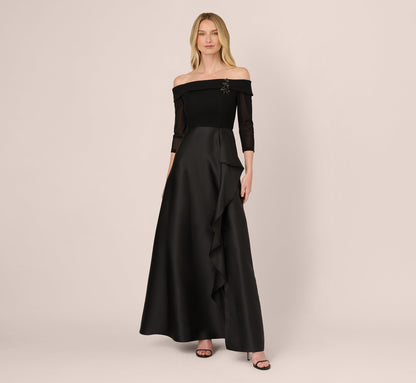 Off Shoulder Draped Mikado Combo Gown - Black | Adrianna Papell