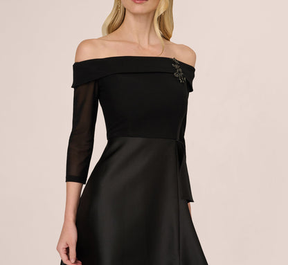 Off Shoulder Draped Mikado Combo Gown - Black | Adrianna Papell