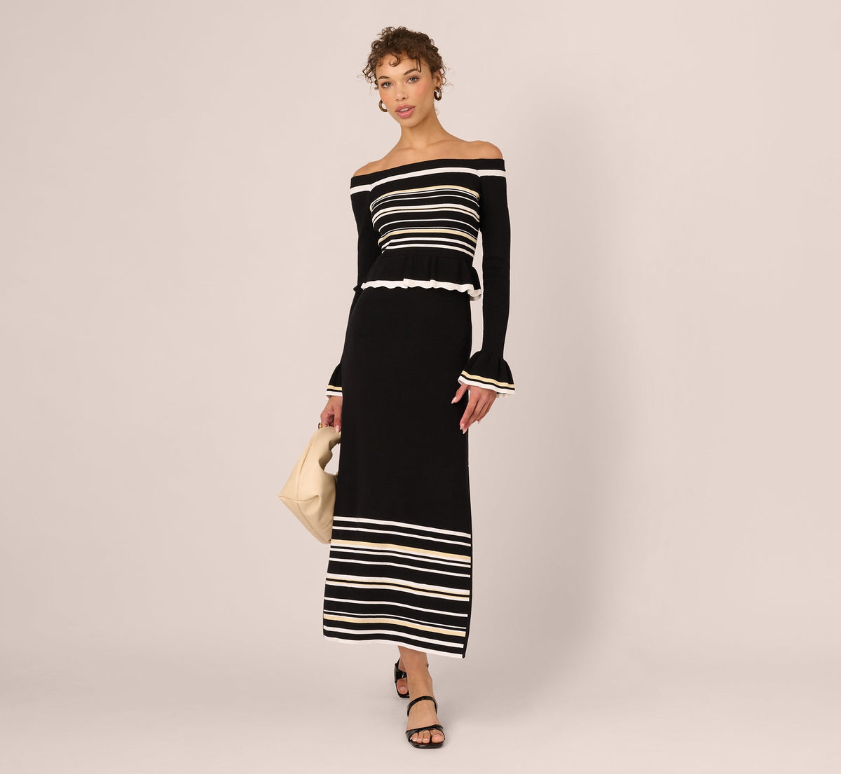 Off Shoulder Bell Sleeve Stretch Midi Dress - Ivory Black | Adrianna Papell