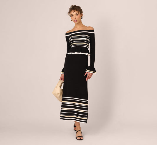 Off Shoulder Bell Sleeve Stretch Midi Dress - Ivory Black | Adrianna Papell