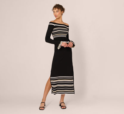 Off Shoulder Bell Sleeve Stretch Midi Dress - Ivory Black | Adrianna Papell
